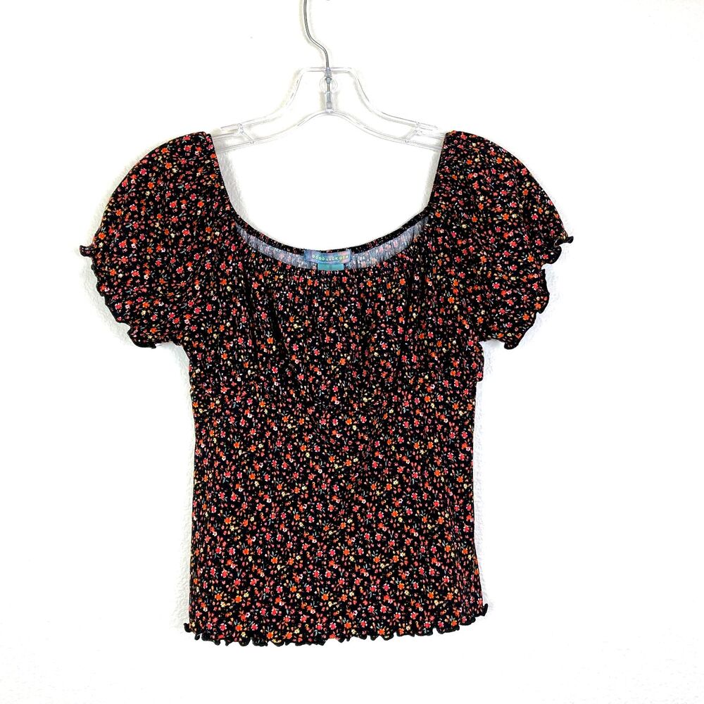 Good Luck Gem Women’s Baby Doll Top Size S Black Orange Floral Stretch